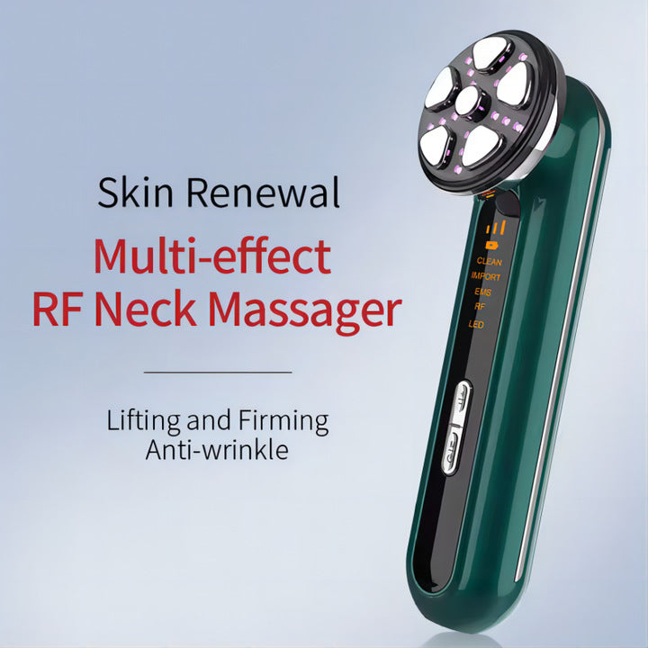 Green 4-in-1 RF EMS Facial Beauty Device Skin Tightening and Lifting Massager with LED Light Therapy Anti-Aging Tool for Home Use