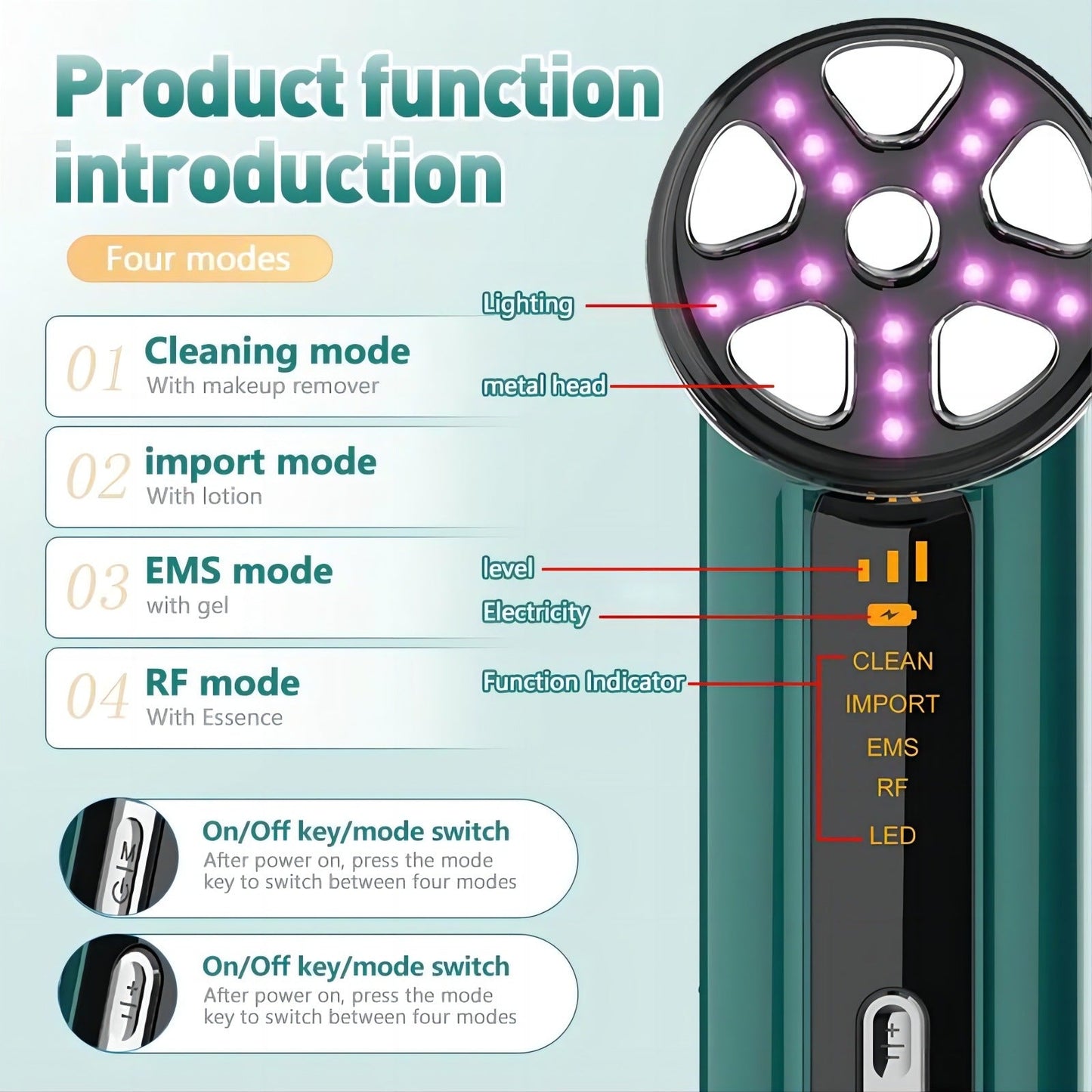 Green 4-in-1 RF EMS Facial Beauty Device Skin Tightening and Lifting Massager with LED Light Therapy Anti-Aging Tool for Home Use