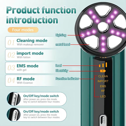 Green 4-in-1 RF EMS Facial Beauty Device Skin Tightening and Lifting Massager with LED Light Therapy Anti-Aging Tool for Home Use