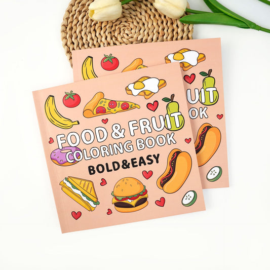 Food & Fruit Coloring Book 40 Pages Bold Lines Easy for Kids Ages 4+ Cartoon Design for Creative Play.