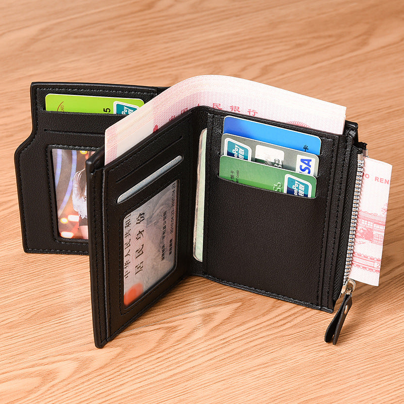 Black Men's Compact Wallet – Multi-Card Holder with Zippered Coin Pocket, 13 Card Slots, Lightweight and Durable Design
