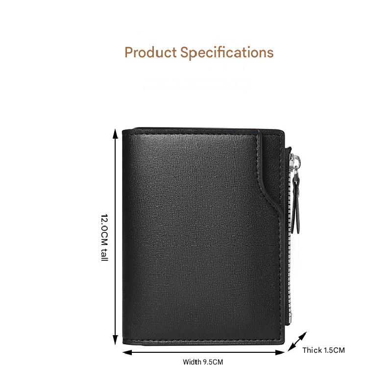 Black Men's Compact Wallet – Multi-Card Holder with Zippered Coin Pocket, 13 Card Slots, Lightweight and Durable Design