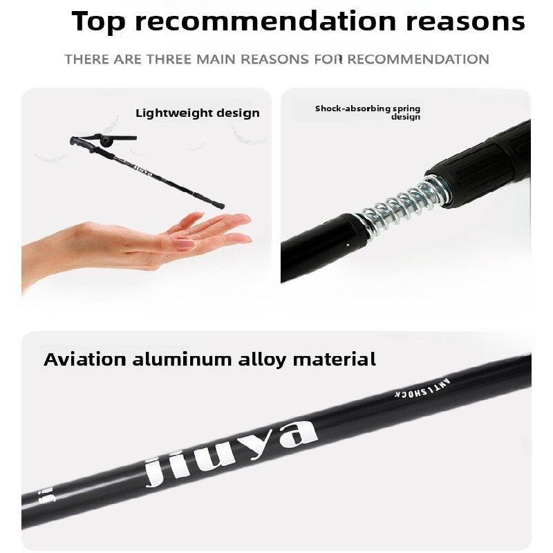 Black Professional Outdoor Trekking Pole â Lightweight Aluminum Alloy Adjustable Walking Stick with Shock Absorption System for Hiking, Climbing, and Kids | 4-Section Collapsible Design with Ergonomic Curved Handle.
