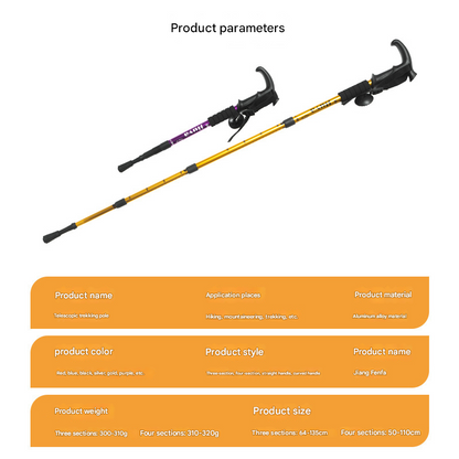 Black Professional Outdoor Trekking Pole â Lightweight Aluminum Alloy Adjustable Walking Stick with Shock Absorption System for Hiking, Climbing, and Kids | 4-Section Collapsible Design with Ergonomic Curved Handle.