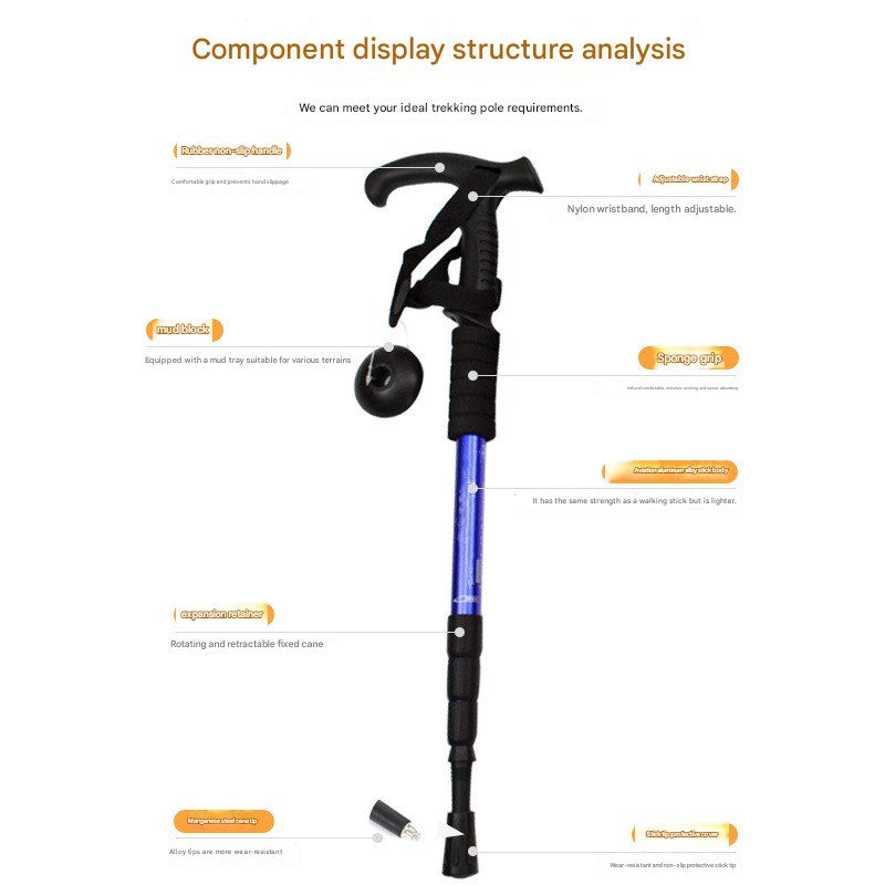 Black Professional Outdoor Trekking Pole â Lightweight Aluminum Alloy Adjustable Walking Stick with Shock Absorption System for Hiking, Climbing, and Kids | 4-Section Collapsible Design with Ergonomic Curved Handle.