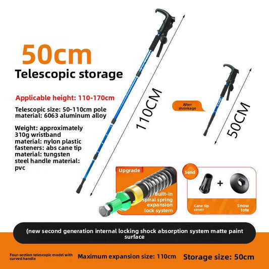 Blue Professional Outdoor Trekking Pole â Lightweight Aluminum Alloy Adjustable Walking Stick with Shock Absorption System for Hiking, Climbing, and Kids | 4-Section Collapsible Design with Ergonomic Curved Handle.