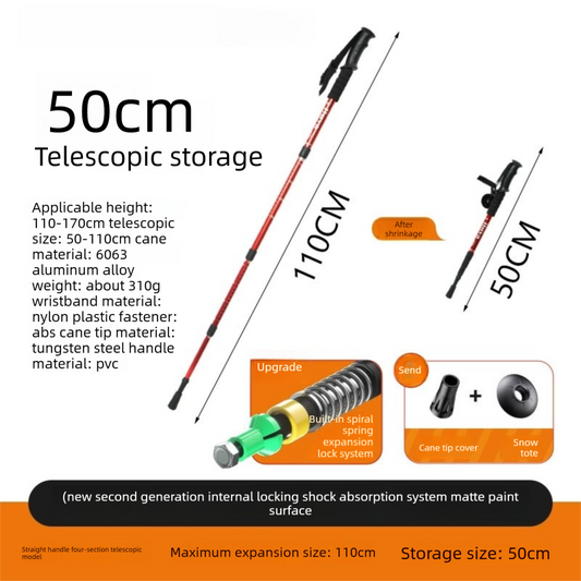 Red Professional Outdoor Trekking Pole â Lightweight Aluminum Alloy Adjustable Walking Stick with Shock Absorption System for Hiking, Climbing, and Kids | 4-Section Collapsible Design with Ergonomic Curved Handle.