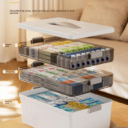 Cream white Large 3 Layer Medicine Storage Box Portable First Aid Kit Organiser with Handle Multi Compartment Container for Family Home Use