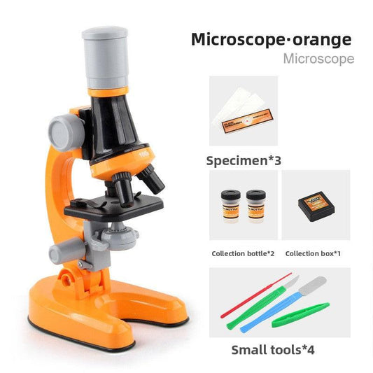 Orange Kids Biological Microscope Kit 100x 400x 1200x LED Magnification STEM Science Toy for School Students with Sample Slides.