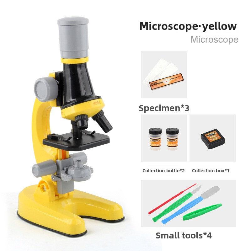 Yellow Kids Biological Microscope Kit 100x 400x 1200x LED Magnification STEM Science Toy for School Students with Sample Slides.