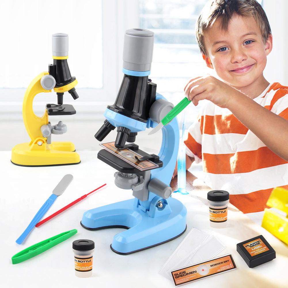 Yellow Kids Biological Microscope Kit 100x 400x 1200x LED Magnification STEM Science Toy for School Students with Sample Slides.