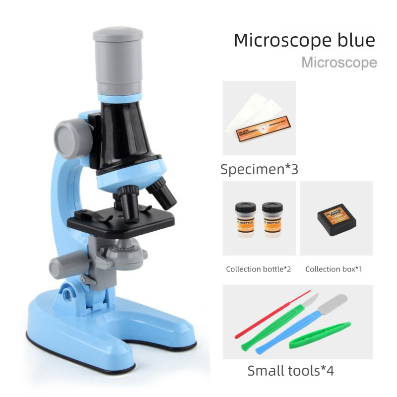 Blue Kids Biological Microscope Kit 100x 400x 1200x LED Magnification STEM Science Toy for School Students with Sample Slides.