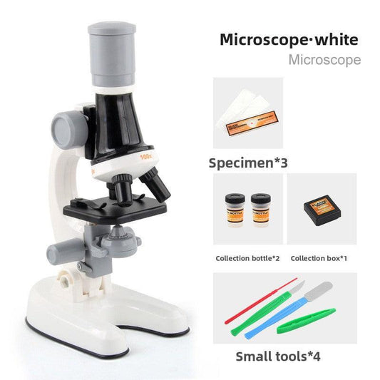 White Kids Biological Microscope Kit 100x 400x 1200x LED Magnification STEM Science Toy for School Students with Sample Slides.