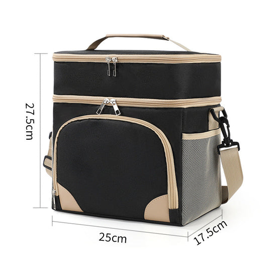 Black Dual Layer Insulated Lunch Bag 12L Large Capacity Cooler Tote with Adjustable Strap Leakproof Thermal Food Carrier for Work Picnic and Camping.