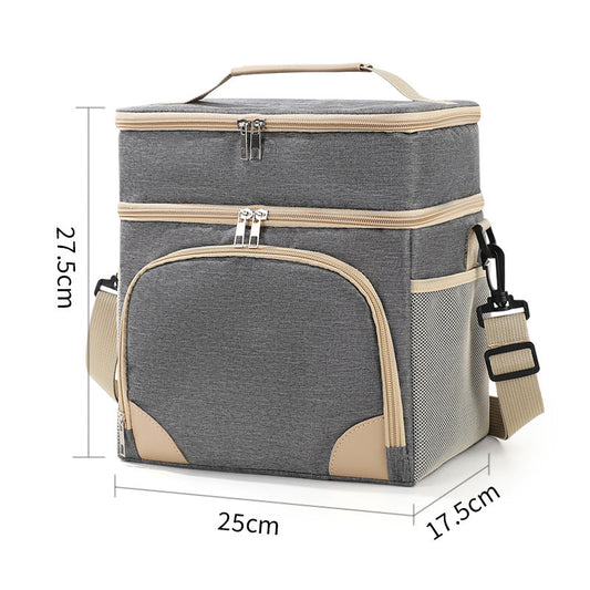 Grey Dual Layer Insulated Lunch Bag 12L Large Capacity Cooler Tote with Adjustable Strap Leakproof Thermal Food Carrier for Work Picnic and Camping.