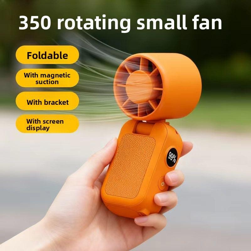 Orange Portable Handheld Fan 350 Degree Rotation Foldable Neck Hanging Waist Fan with Magnetic Base LED Display 5 Speed Personal Fan.