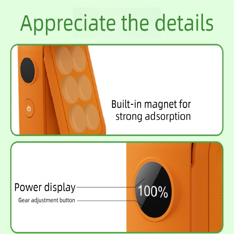 Orange Portable Handheld Fan 350 Degree Rotation Foldable Neck Hanging Waist Fan with Magnetic Base LED Display 5 Speed Personal Fan.