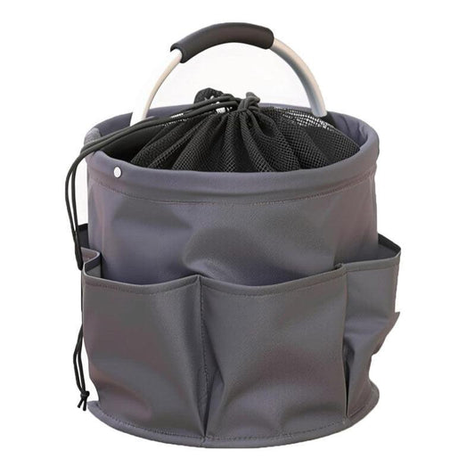 Grey Multi-Function Collapsible Storage Basket with Drawstring Closure Portable Cleaning Caddy and Picnic Organiser Bag with Multiple Pockets.