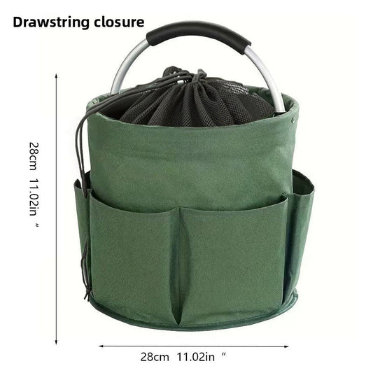 Green Multi-Function Collapsible Storage Basket with Drawstring Closure Portable Cleaning Caddy and Picnic Organiser Bag with Multiple Pockets.