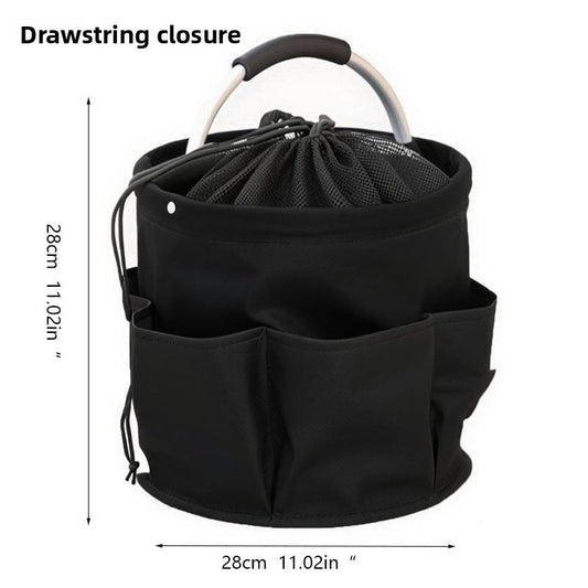 Black Multi-Function Collapsible Storage Basket with Drawstring Closure Portable Cleaning Caddy and Picnic Organiser Bag with Multiple Pockets.