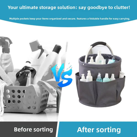 Black Multi-Function Collapsible Storage Basket with Drawstring Closure Portable Cleaning Caddy and Picnic Organiser Bag with Multiple Pockets.