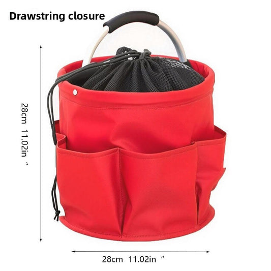 Red Multi-Function Collapsible Storage Basket with Drawstring Closure Portable Cleaning Caddy and Picnic Organiser Bag with Multiple Pockets.