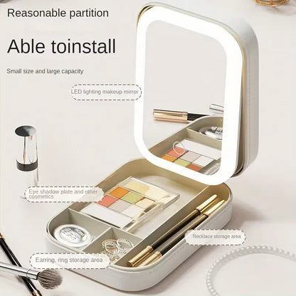 White Portable LED Makeup Mirror with Jewellery Storage Box Touch Screen Adjustable Light Travel Cosmetic Organizer Case