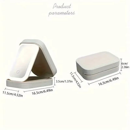 White Portable LED Makeup Mirror with Jewellery Storage Box Touch Screen Adjustable Light Travel Cosmetic Organizer Case