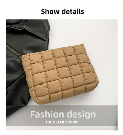 Blue Puffer Makeup Bag Quilted Pouch Cosmetic Organizer Bag Soft Nylon Travel Toiletry Bag Zipper Handbag for Women
