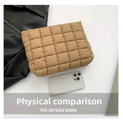 Blue Puffer Makeup Bag Quilted Pouch Cosmetic Organizer Bag Soft Nylon Travel Toiletry Bag Zipper Handbag for Women