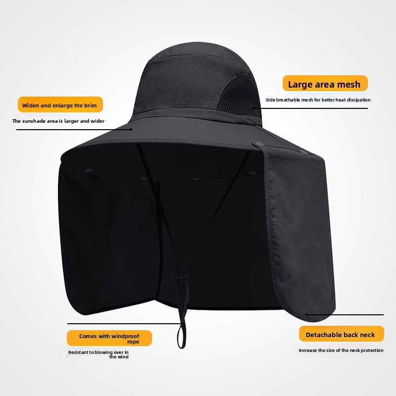 Camouflage dark grey UPF 50+ Sun Protection Fishing Hat Wide Brim Neck Flap Quick Dry Bucket Hat for Outdoor Hiking and Gardening