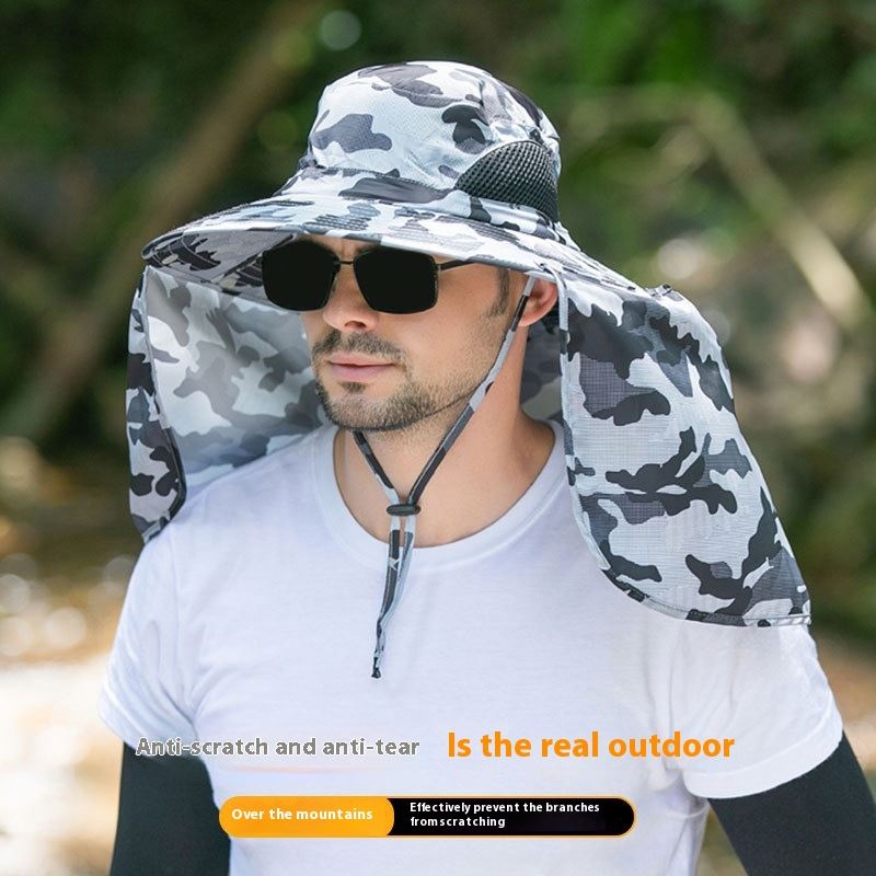 Camouflage light grey UPF 50+ Sun Protection Fishing Hat Wide Brim Neck Flap Quick Dry Bucket Hat for Outdoor Hiking and Gardening