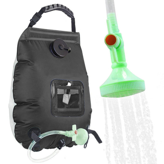 Black Portable Solar Camping Shower Bag 20L 5 Gallon Water Capacity Outdoor Bathing Bag with Removable Hose and Shower Head.