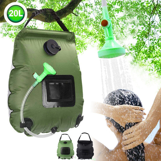 Black Portable Solar Camping Shower Bag 20L 5 Gallon Water Capacity Outdoor Bathing Bag with Removable Hose and Shower Head.