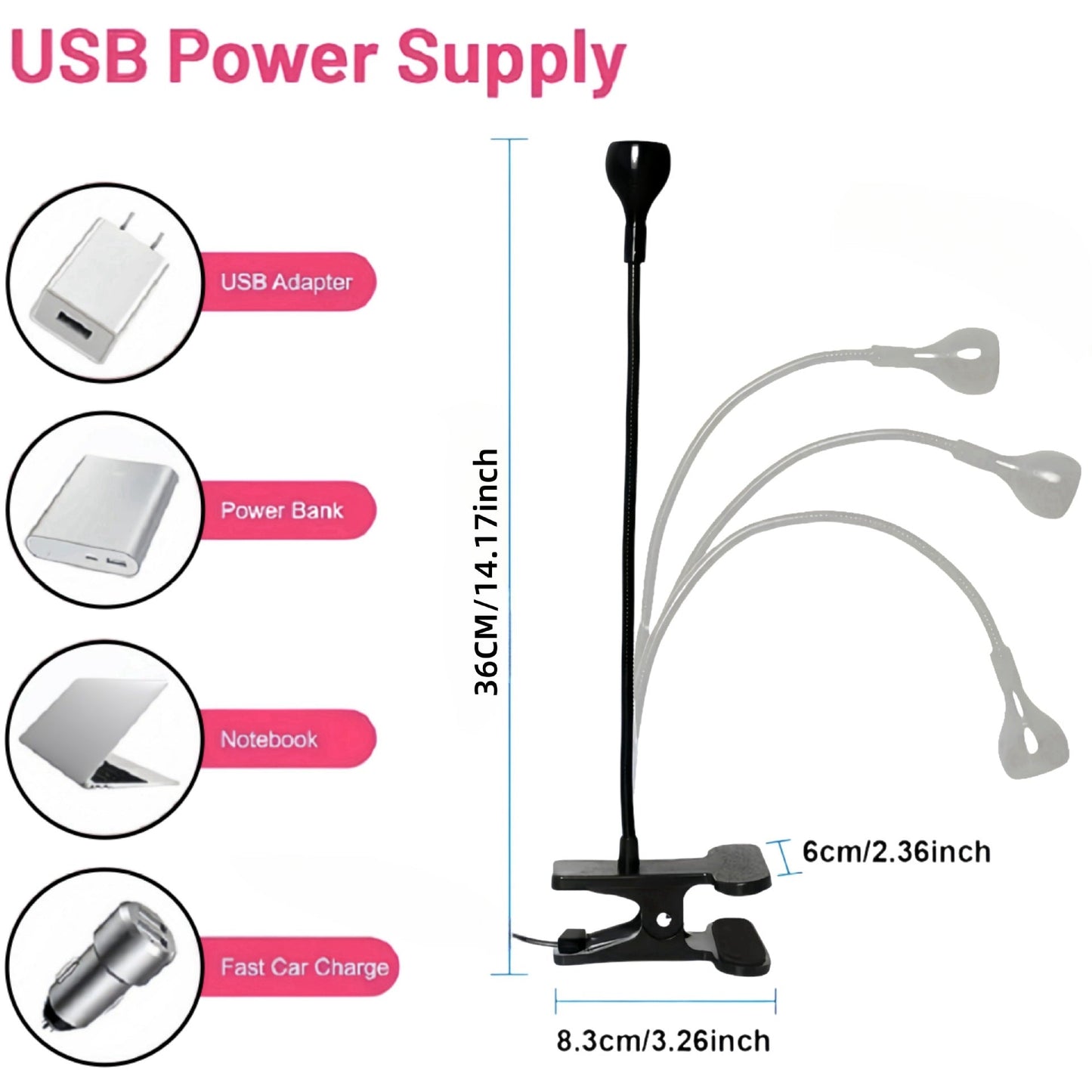 Silver 3W UV LED Gel Nail Curing Lamp Clip On Flexible Gooseneck Light 4 Brightness Levels for Gel Polish and Resin Curing