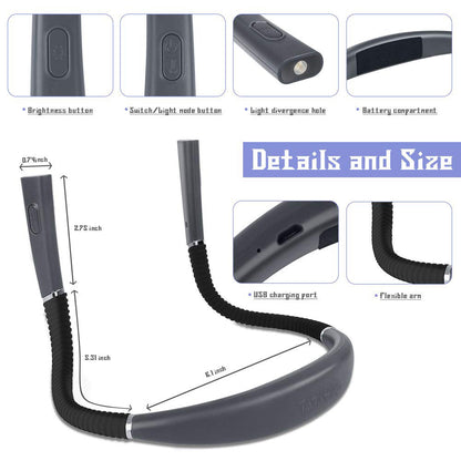 Black Hands-Free USB Rechargeable Neck Reading Light 3 Colour Modes Flexible LED Book Lamp for Night Reading Knitting Repairing