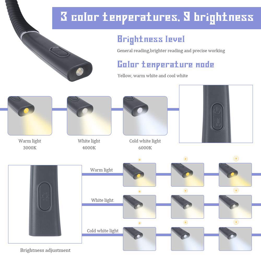 Black Hands-Free USB Rechargeable Neck Reading Light 3 Colour Modes Flexible LED Book Lamp for Night Reading Knitting Repairing