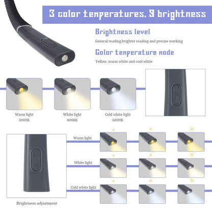 Black Hands-Free USB Rechargeable Neck Reading Light 3 Colour Modes Flexible LED Book Lamp for Night Reading Knitting Repairing