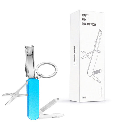 2-PCS Blue 5-in-1 Foldable Stainless Steel Nail Clipper Multitool Keychain with Knife Scissors and File Portable Pocket Manicure Set