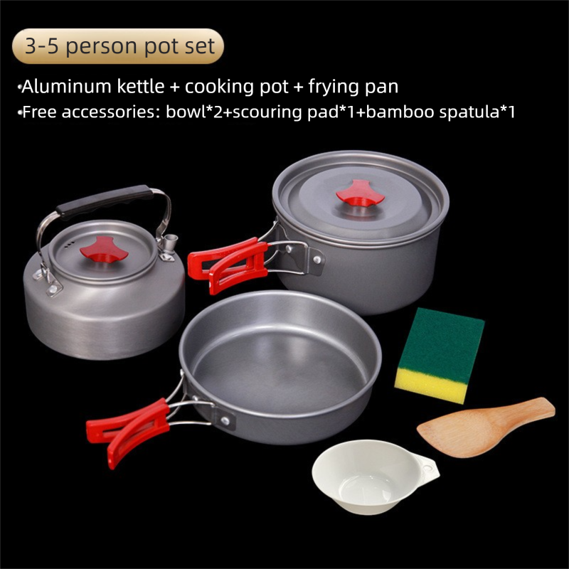 Portable Camping Cookware Set for 3-5 People Aluminum Kettle Pot Frying Pan Mess Kit with Folding Handles for Hiking and Outdoor Use.