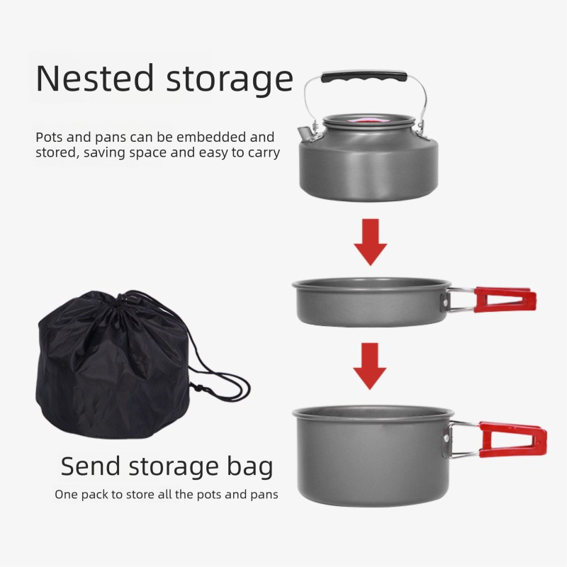 Portable Camping Cookware Set for 3-5 People Aluminum Kettle Pot Frying Pan Mess Kit with Folding Handles for Hiking and Outdoor Use.