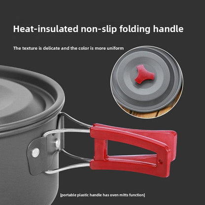 Portable Camping Cookware Set for 3-5 People Aluminum Kettle Pot Frying Pan Mess Kit with Folding Handles for Hiking and Outdoor Use.