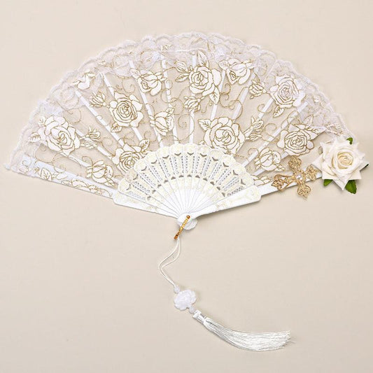 2 Pack White lace, white roses Vintage Lace Folding Fans Gothic Palace Style with Rose Cross Tassels for Tea Party Cosplay and Photo Props.