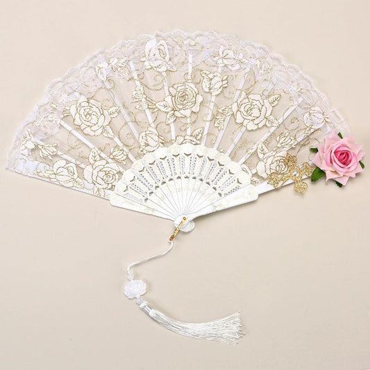 2 Pack White lace pink roses Vintage Lace Folding Fans Gothic Palace Style with Rose Cross Tassels for Tea Party Cosplay and Photo Props.