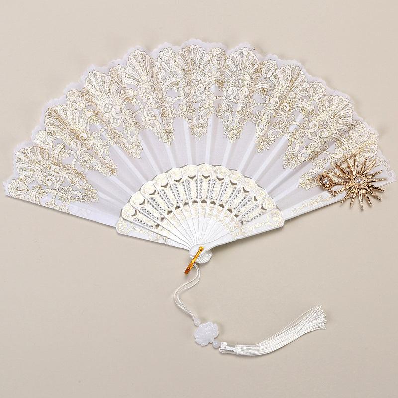 2 Pack White Sunflower with Gold Foil Embossing Vintage Lace Folding Fans Gothic Palace Style with Rose Cross Tassels for Tea Party Cosplay and Photo Props.