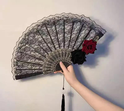 2 Pack White Sunflower with Gold Foil Embossing Vintage Lace Folding Fans Gothic Palace Style with Rose Cross Tassels for Tea Party Cosplay and Photo Props.