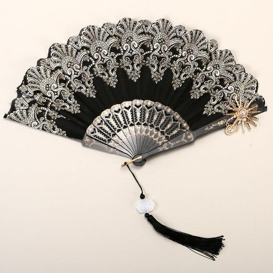 2 Pack Black Sunflower with Gold Foil Stamping Vintage Lace Folding Fans Gothic Palace Style with Rose Cross Tassels for Tea Party Cosplay and Photo Props.