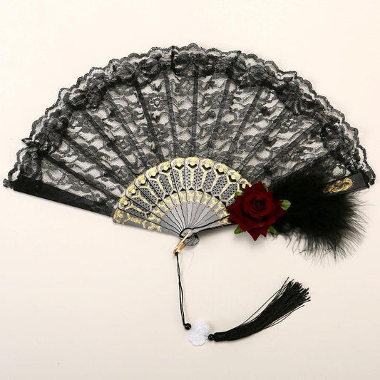 2 Pack Black Feather Wine-Red Rose Lace Vintage Lace Folding Fans Gothic Palace Style with Rose Cross Tassels for Tea Party Cosplay and Photo Props.