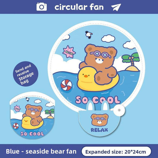 5 Pack Blue Seaside Bear Cute Cartoon Folding Hand Fans Portable Mini Circular Fans 20x24cm for Aussie Summer Outdoor Travel with Matching Storage Pouches for Kids and Adults.