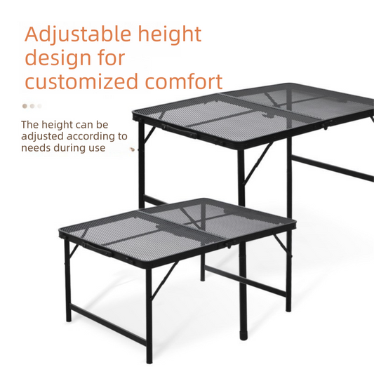 Portable Folding Camping Table 60x40cm - Adjustable Height Heat Resistant Mesh Top - Lightweight Aluminum Outdoor BBQ & Picnic Stand.